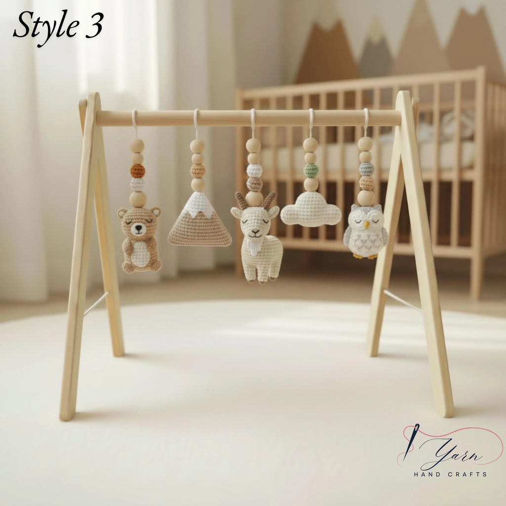 Handmade Custom Baby Gym, Wooden Montessori Play Gym with Crochet Forest Animals, Neutral Nursery Decor, Baby Shower Gift
