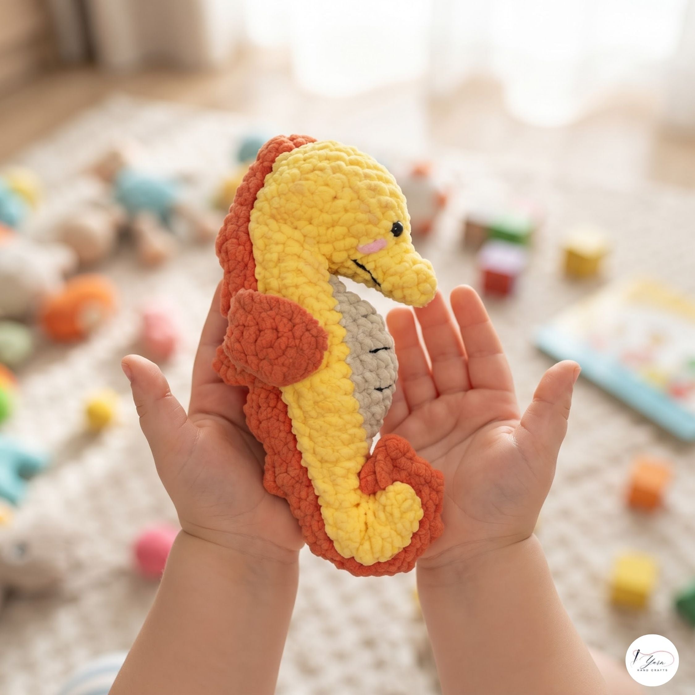 Handmade Crochet Seahorse Plush, Yellow Orange Amigurumi Sea Animal, Soft Stuffed Toy, Ocean Nursery Decor, Coastal Gift