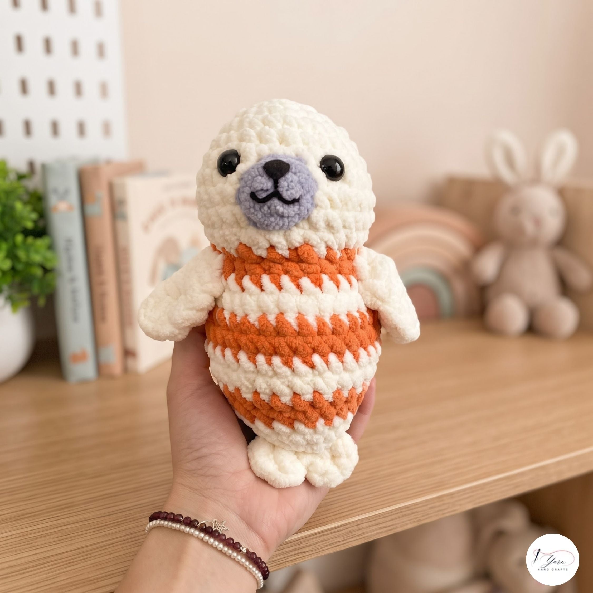 Handmade Crochet Seal Plush, Orange Striped Baby Seal Stuffed Animal, Soft Ocean Animal Toy, Seal Lover Gift, Nursery Decor