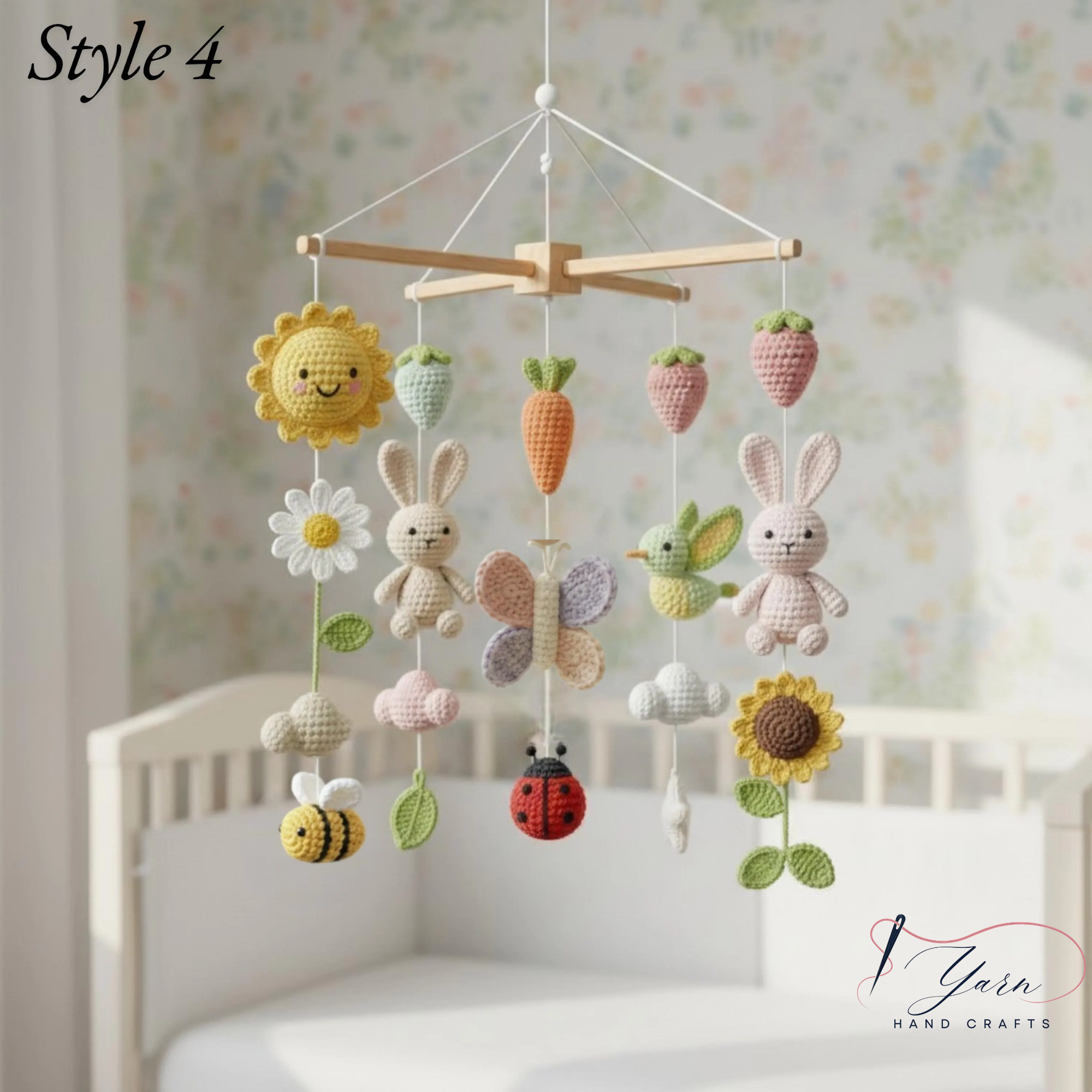 Handmade Floral Bunny Baby Mobile, Crochet Nursery Mobile with Rabbits, Flowers, Bees & Fruits, Spring Crib Mobile, Baby Shower Gift