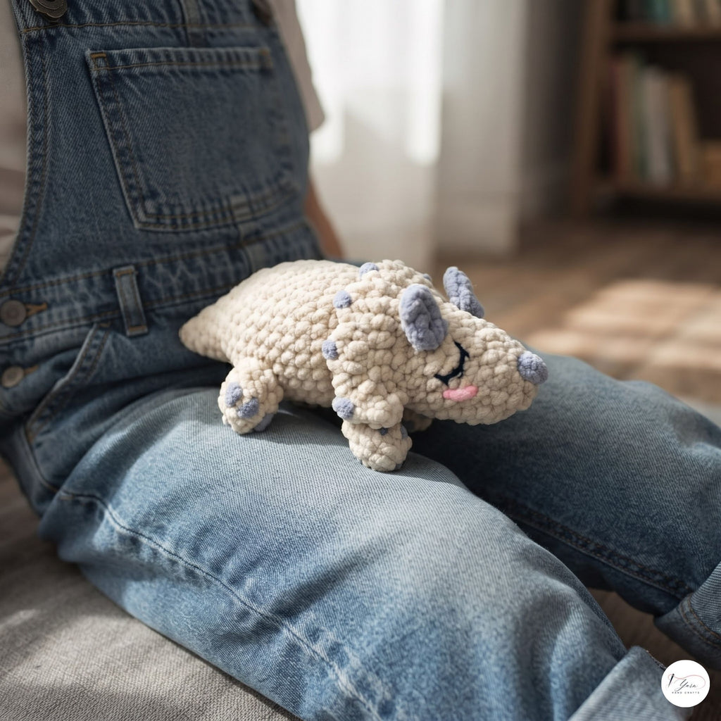 Crochet Triceratops Plush, Handmade Sleeping Dinosaur Amigurumi, Soft Chenille Dino Stuffed Animal, Nursery Decor, Dino Lover Gift