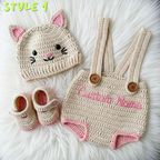 Personalized Crochet Baby Outfit Set, Puppy Cat Mouse Romper with Hat and Booties, Newborn Photo Prop, Custom Baby Shower Gift