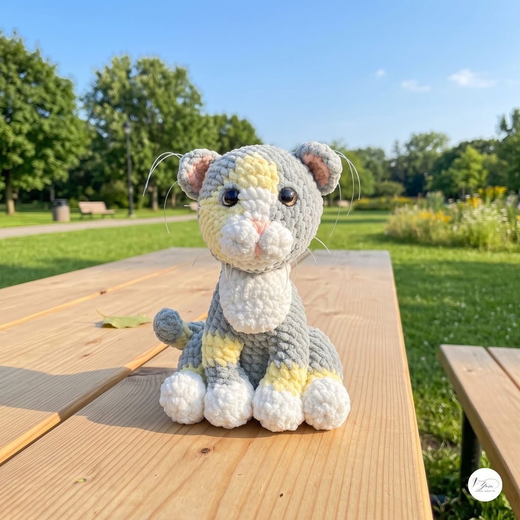 A crocheted amigurumi cat toy sits on a wooden picnic table outdoors in a sunny park. The toy features a gray body with yellow and white accents, including a white chest and paws, and is photographed with a blurred green lawn and trees in the background.