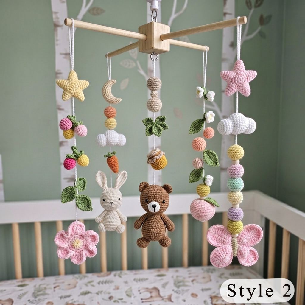 Garden Harvest Crochet Baby Mobile, Handmade Bunny and Bear Crib Hanging with Flowers, Fruit and Butterfly