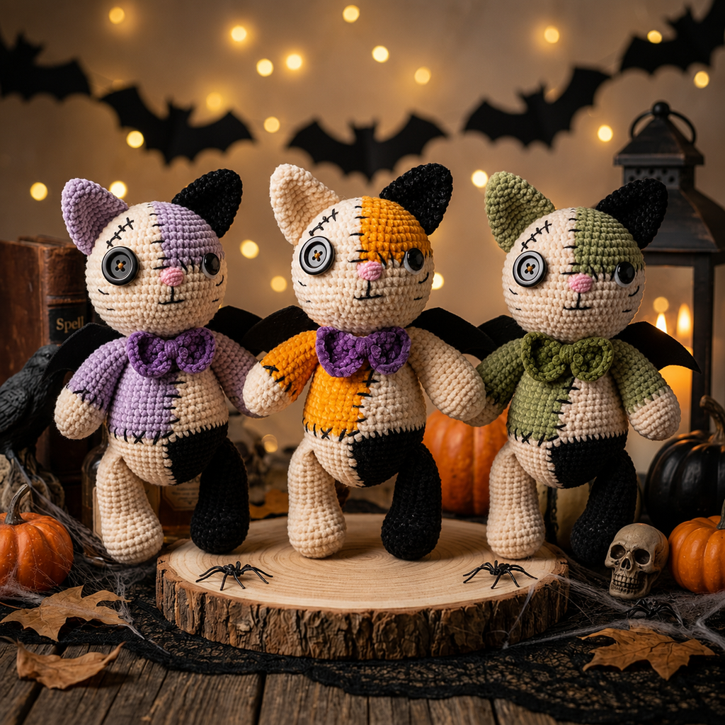 Halloween Cat Crochet Pattern PDF, Patchwork Cat Amigurumi, Bat Wing Kitty Plush, Spooky Crochet Pattern, Digital Download