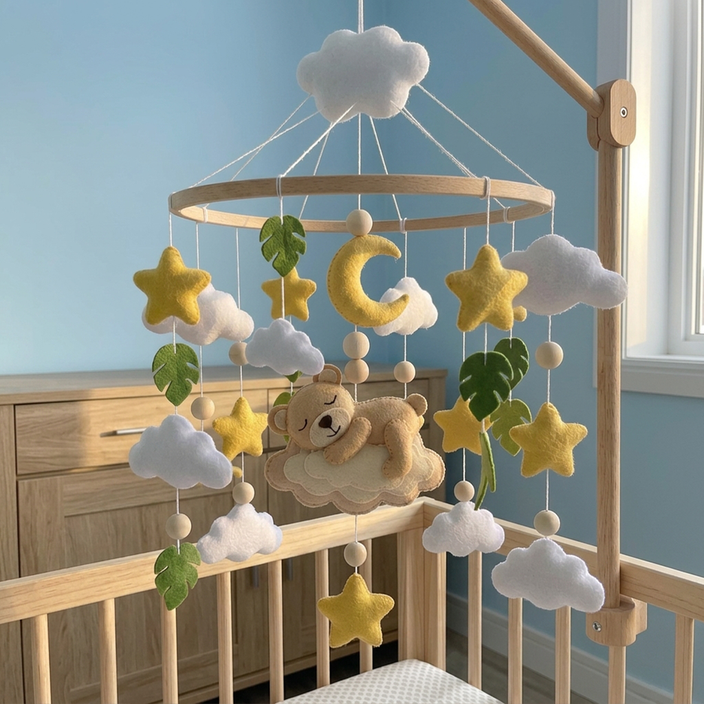 Felt Teddy Bear Baby Mobile, Moon Stars Clouds Leaves Nursery Crib Decor for Baby Boy Girl, Neutral Baby Shower Gift