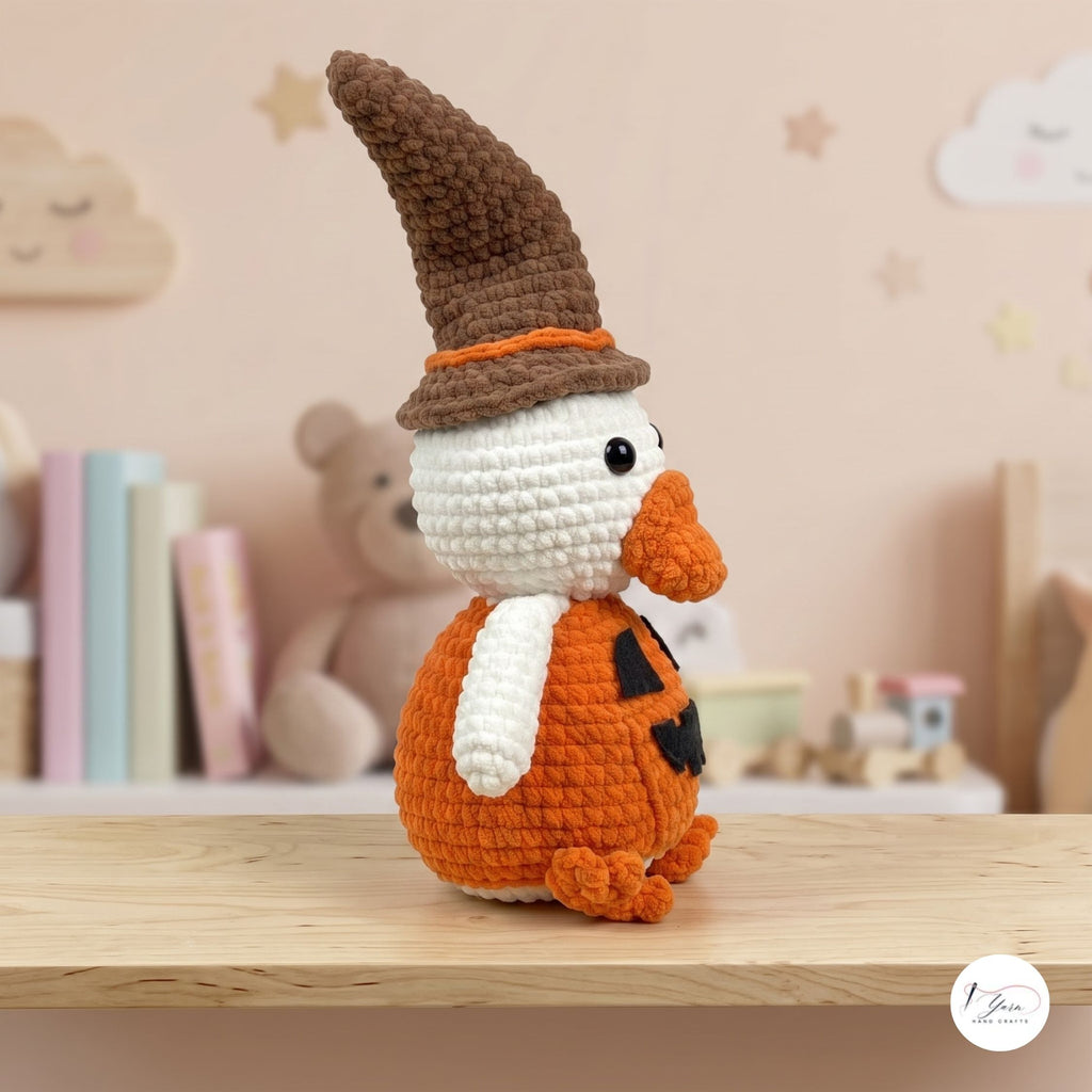 Handmade Halloween Duck Plush, Crochet Pumpkin Duck with Witch Hat, Amigurumi Stuffed Animal, Spooky Cute Fall Decor, Duck Lover Gift