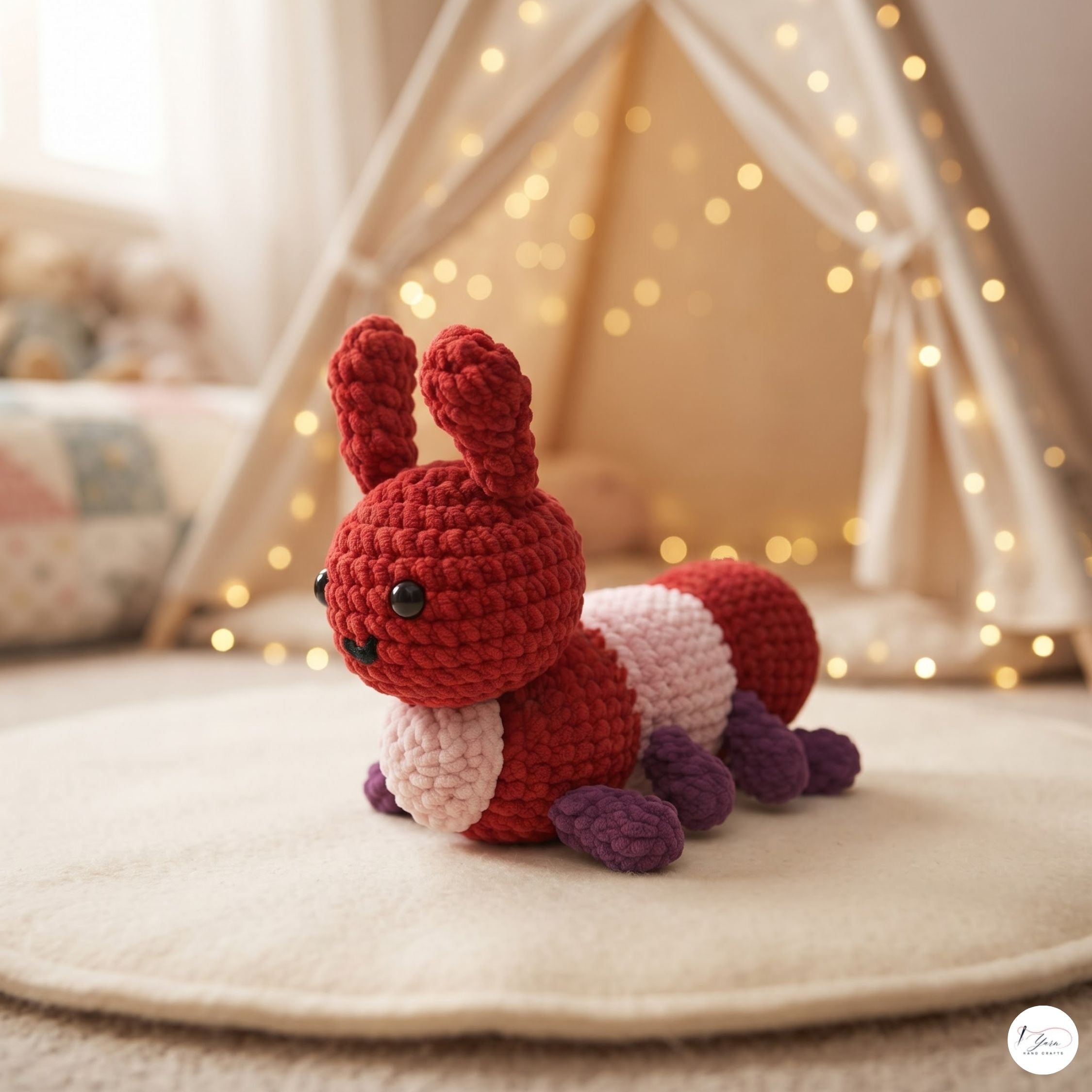 Crochet Caterpillar Plush, Handmade Red Amigurumi Bug, Soft Chenille Stuffed Insect Toy, Caterpillar Lover Gift, Nursery Decor