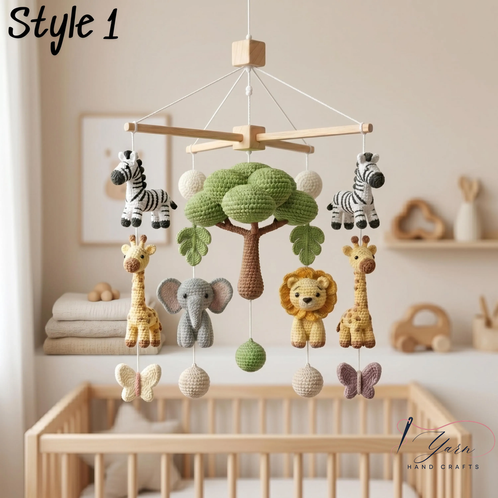 Handmade Safari Baby Mobile, Crochet Jungle Crib Mobile with Lion, Zebra, Giraffe & Elephant, Neutral Nursery Decor, Baby Shower Gift