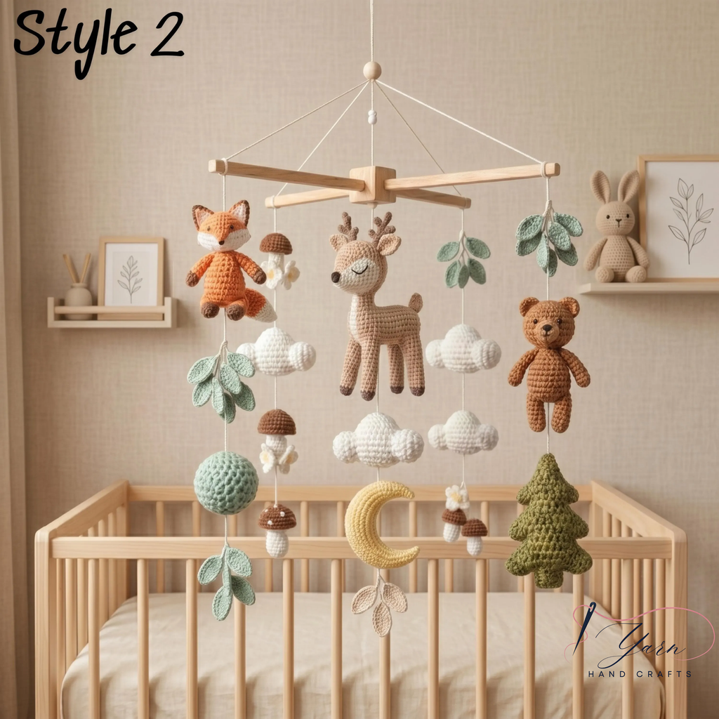 Handmade Woodland Baby Mobile, Crochet Crib Mobile with Bear, Deer & Fox, Forest Animal Nursery Decor, Neutral Baby Mobile, Baby Shower Gift