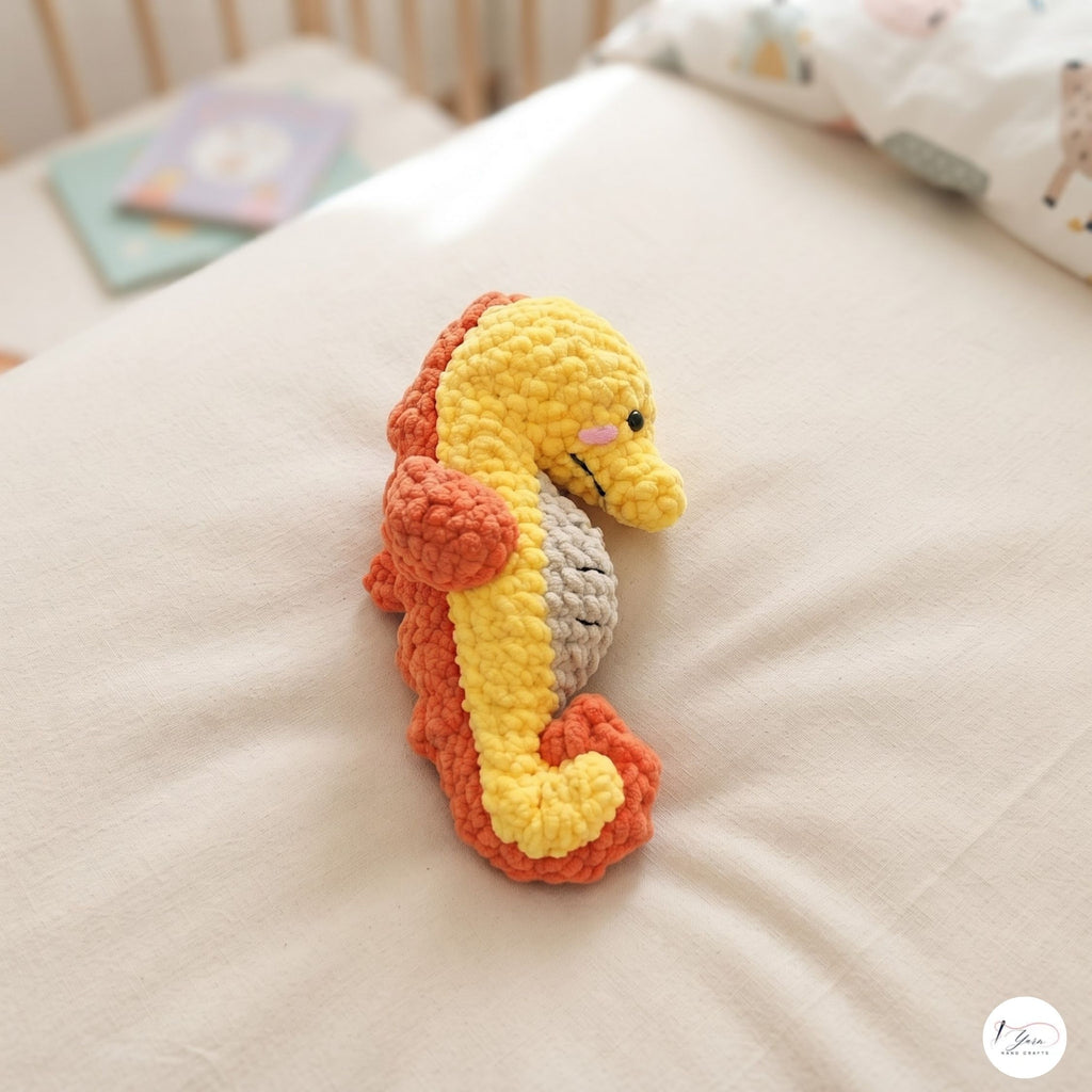 Handmade Crochet Seahorse Plush, Yellow Orange Amigurumi Sea Animal, Soft Stuffed Toy, Ocean Nursery Decor, Coastal Gift