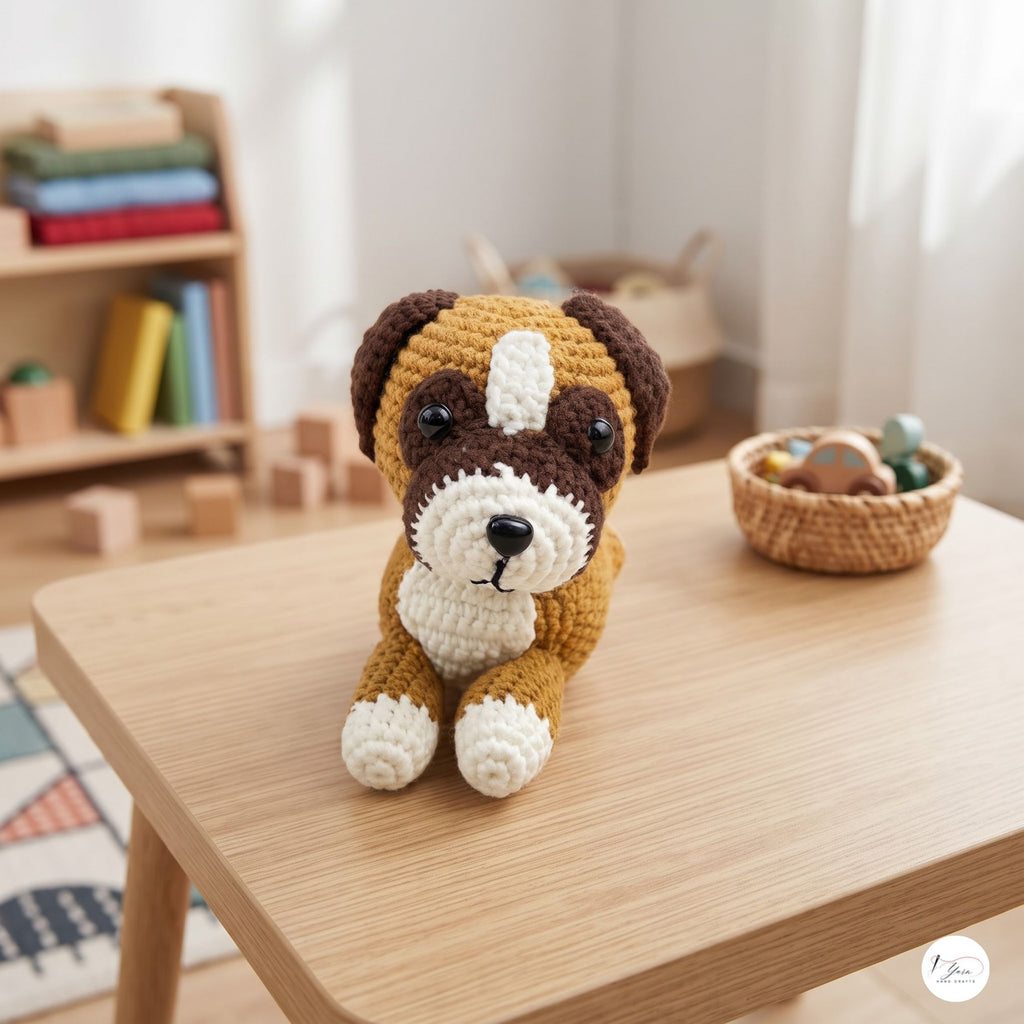 A crocheted stuffed puppy toy sits on a light wood table in a softly lit children's room. The toy has brown and cream yarn, with dark brown ears, snout, and eyes, and cream paws, chest, and muzzle.