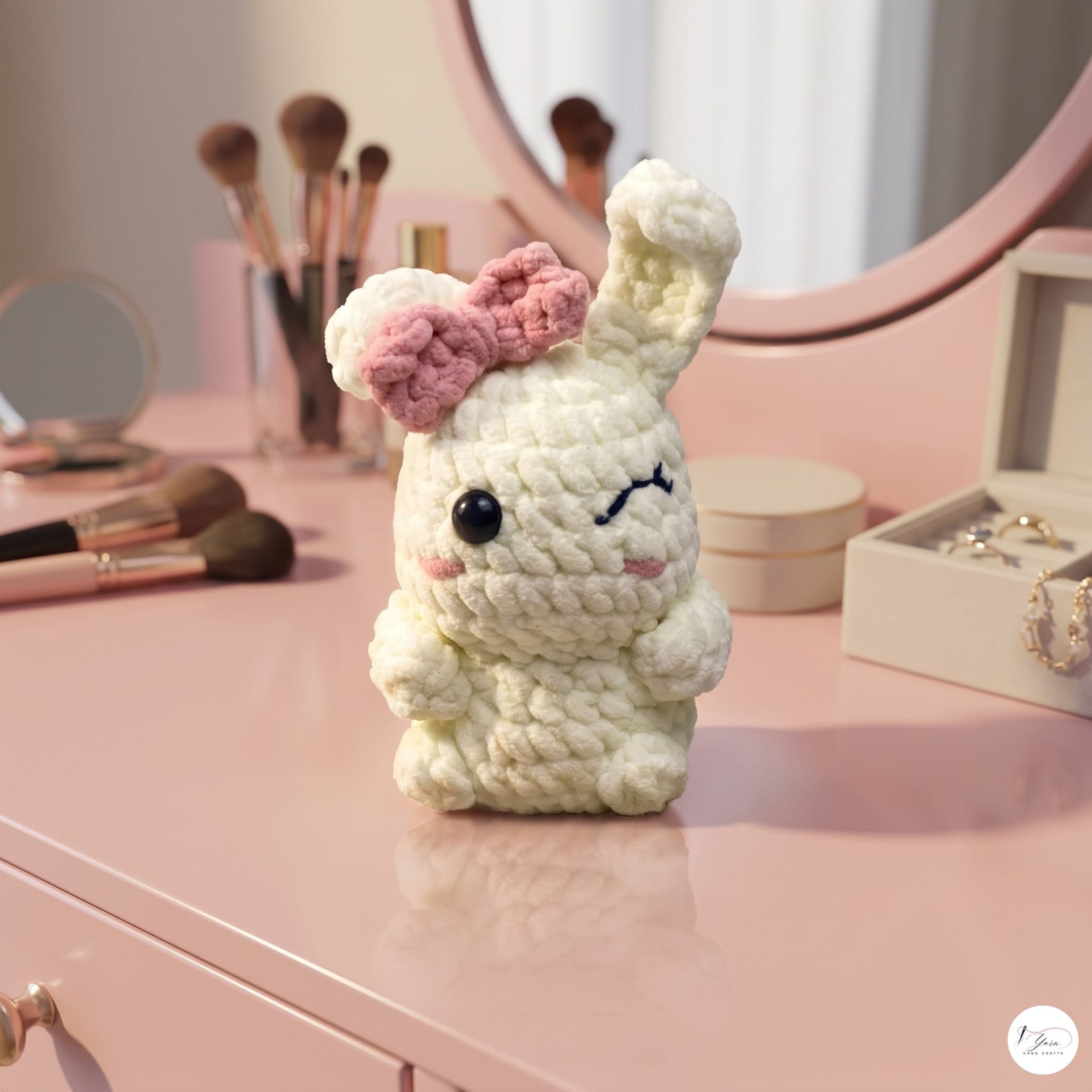 Crochet Bunny Plush with Pink Bow, Handmade White Amigurumi Rabbit, Soft Chenille Stuffed Animal, Easter Gift, Nursery Decor