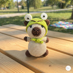 A crocheted plush toy shaped like a pug wearing a green frog hood with large white eyes, sitting on a wooden picnic table outdoors with a blurred park background.