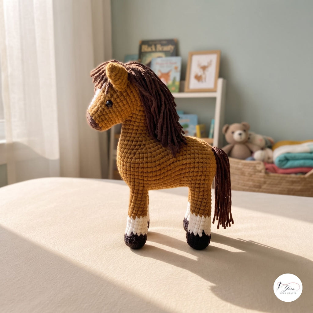 A crocheted toy horse with a golden-brown body, dark brown mane and tail, and white and black hooves, standing on a beige fabric surface in a softly lit room.