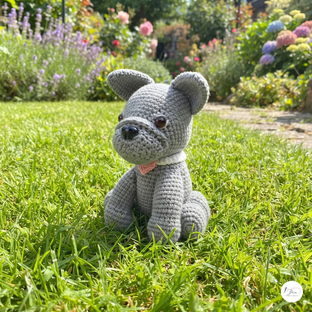 A gray crocheted dog toy sits on a green grass lawn in a sunny garden with colorful flowers in the background.