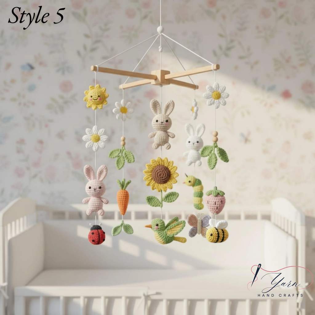 Handmade Floral Bunny Baby Mobile, Crochet Nursery Mobile with Rabbits, Flowers, Bees & Fruits, Spring Crib Mobile, Baby Shower Gift