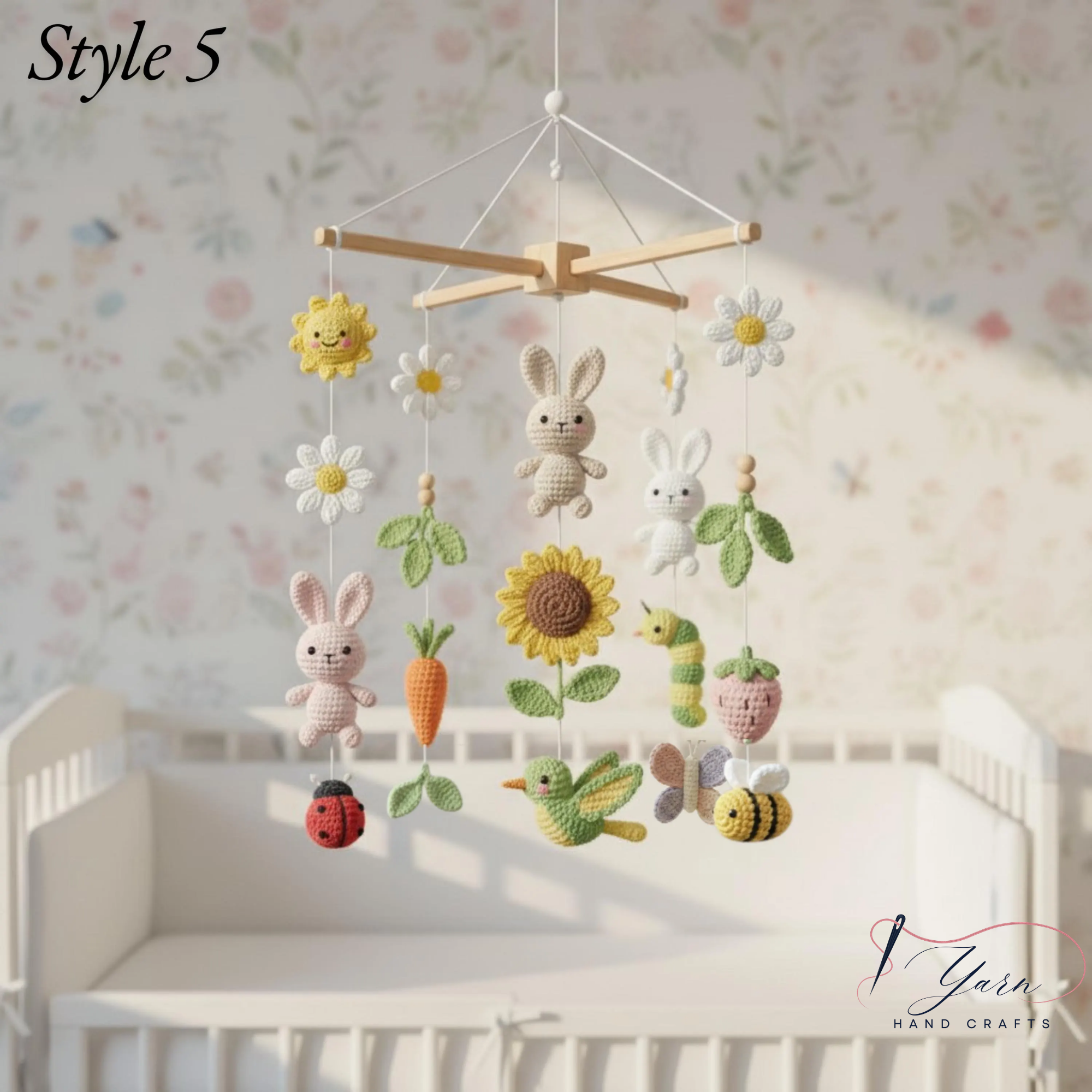 Handmade Floral Bunny Baby Mobile, Crochet Nursery Mobile with Rabbits, Flowers, Bees & Fruits, Spring Crib Mobile, Baby Shower Gift
