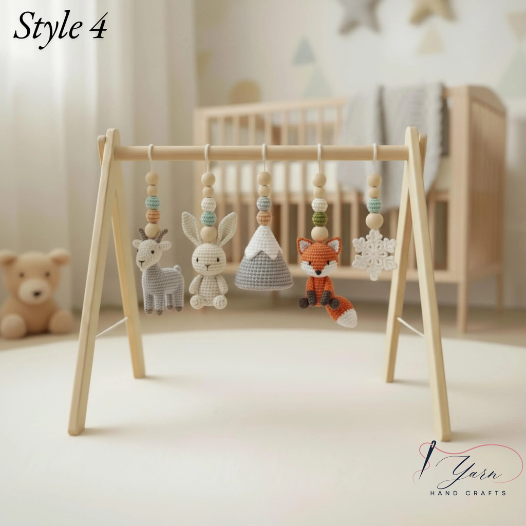 Handmade Custom Baby Gym, Wooden Montessori Play Gym with Crochet Forest Animals, Neutral Nursery Decor, Baby Shower Gift
