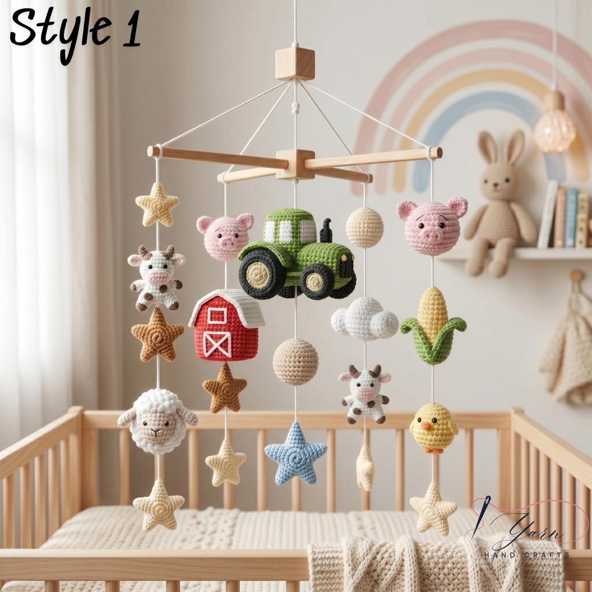 Crochet farm baby mobile with green tractor, pigs, cows, sheep, barn, corn, chick, stars and clouds
