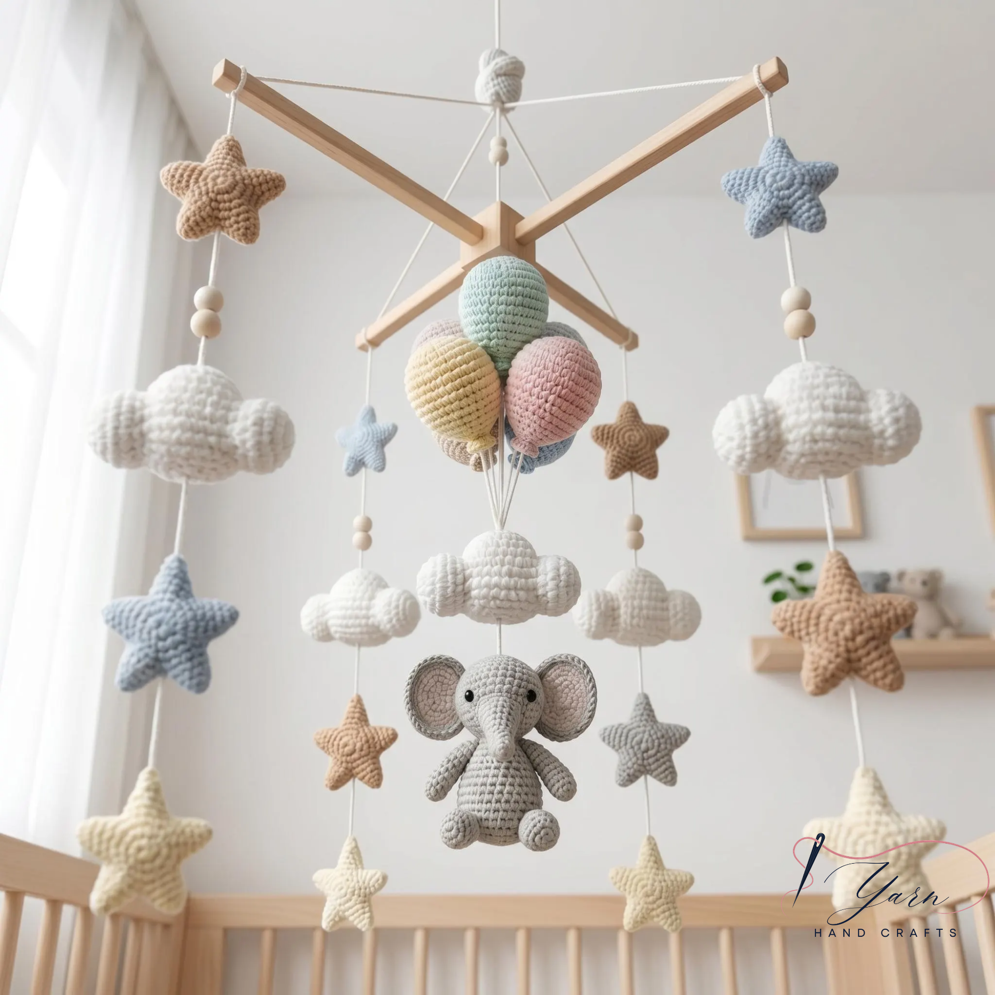 Handmade Elephant Baby Mobile, Crochet Hot Air Balloon Crib Mobile, Neutral Nursery Decor, Cloud & Star Baby Mobile, Baby Shower Gift