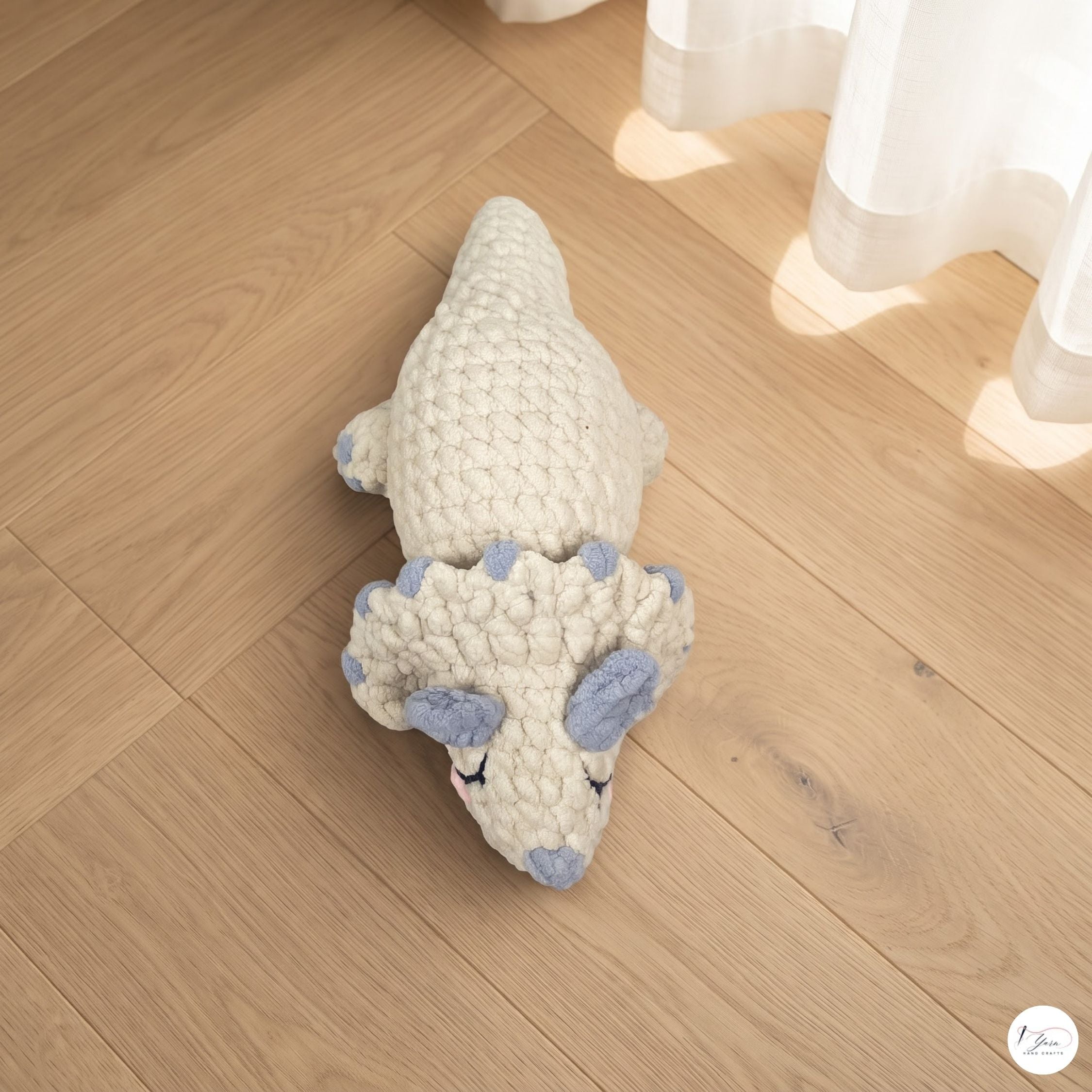 Crochet Triceratops Plush, Handmade Sleeping Dinosaur Amigurumi, Soft Chenille Dino Stuffed Animal, Nursery Decor, Dino Lover Gift