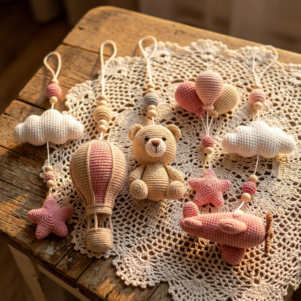 Crochet Teddy Bear Baby Mobile, Gift for girl
