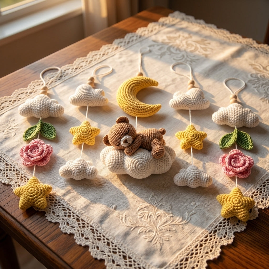 Crochet Teddy Bear Baby Mobile, Sleeping Bear on Cloud Crib Mobile