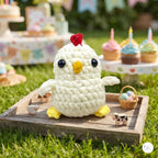 A crocheted white chick toy with a red comb, yellow beak and feet, sitting on a wooden tray outdoors on green grass. Cupcakes and small animal figurines are blurred in the background.