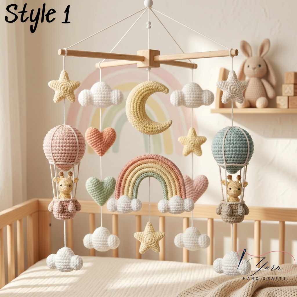 Handmade Giraffe Baby Mobile, Crochet Crib Mobile, Hot Air Balloon Nursery Decor, Rainbow Moon Cloud Mobile, Neutral Baby Shower Gift