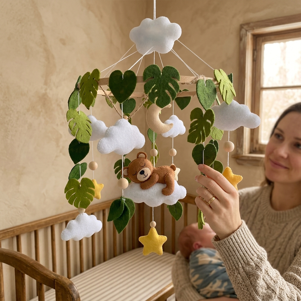 Felt Teddy Bear Baby Mobile, Moon Stars Clouds Leaves Nursery Crib Decor for Baby Boy Girl, Neutral Baby Shower Gift