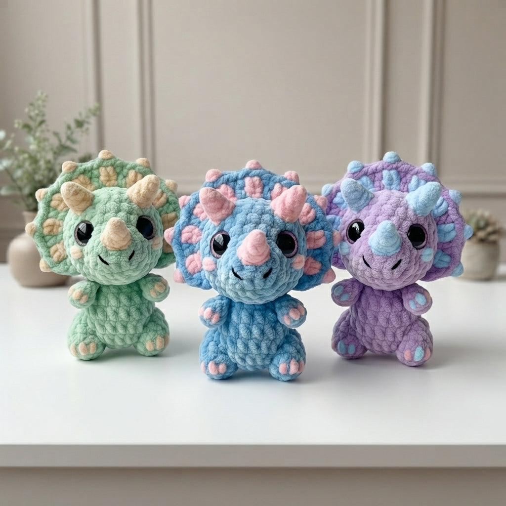 Mini Triceratops Crochet Pattern PDF, Cute Dinosaur Amigurumi, Purple Dino Plush Pattern