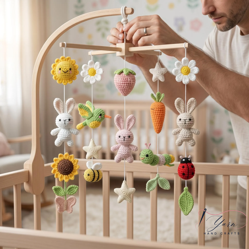 Handmade Floral Bunny Baby Mobile, Crochet Nursery Mobile with Rabbits, Flowers, Bees & Fruits, Spring Crib Mobile, Baby Shower Gift
