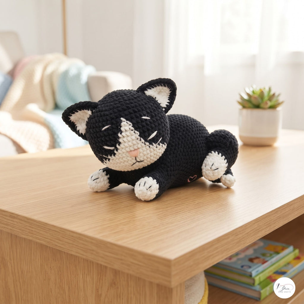 A crocheted black-and-white cat plush toy lying on a light wood table in a softly blurred living room setting.