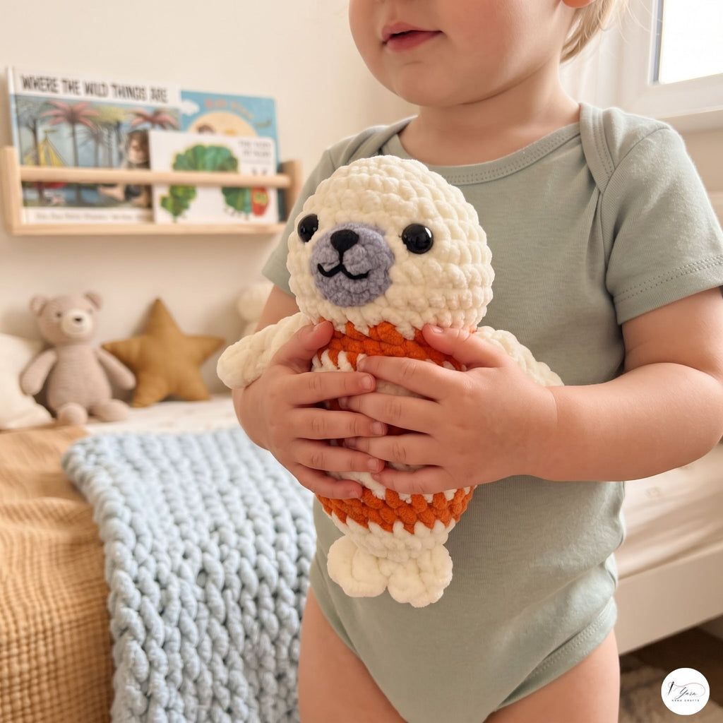 Handmade Crochet Seal Plush, Orange Striped Baby Seal Stuffed Animal, Soft Ocean Animal Toy, Seal Lover Gift, Nursery Decor