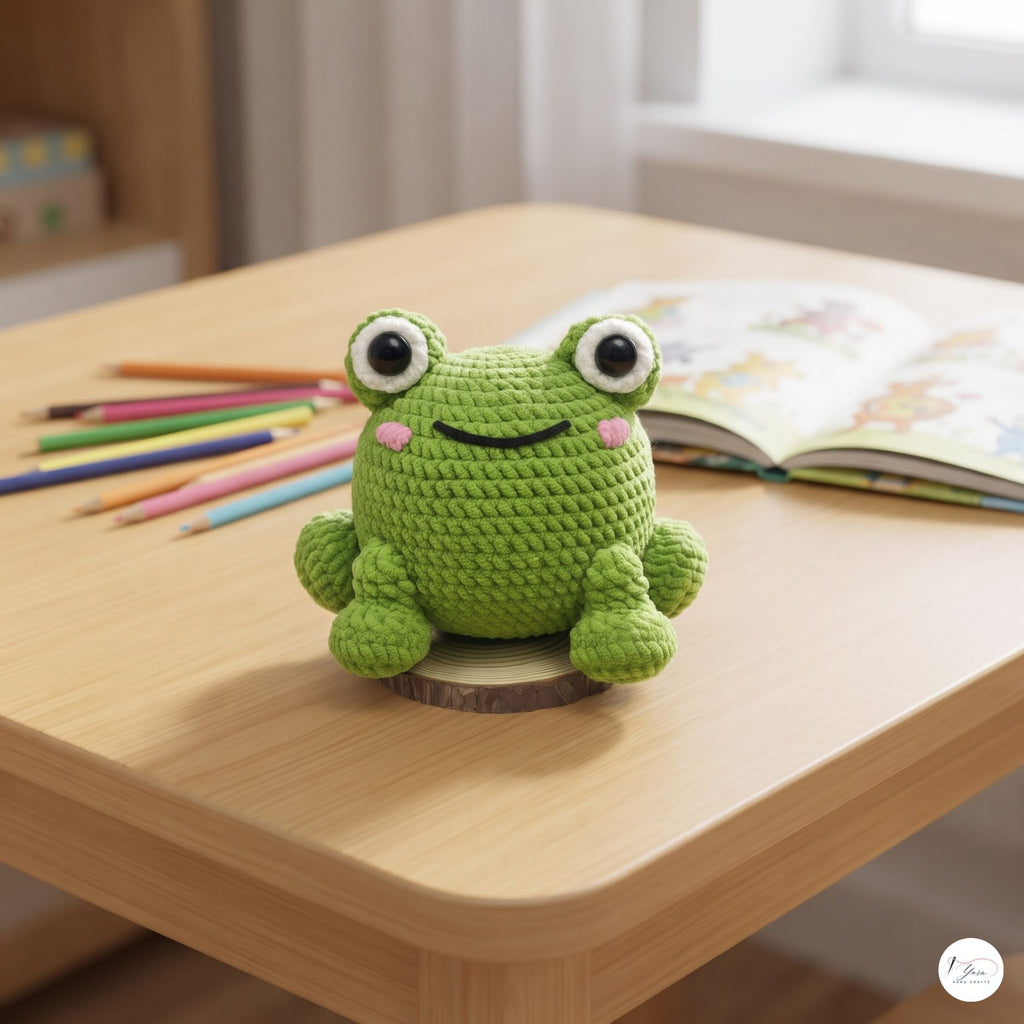 A green crocheted frog toy sitting on a light wood table, with colored pencils and an open book in the background.