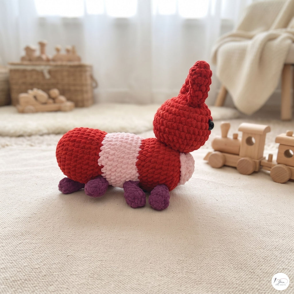 Crochet Caterpillar Plush, Handmade Red Amigurumi Bug, Soft Chenille Stuffed Insect Toy, Caterpillar Lover Gift, Nursery Decor