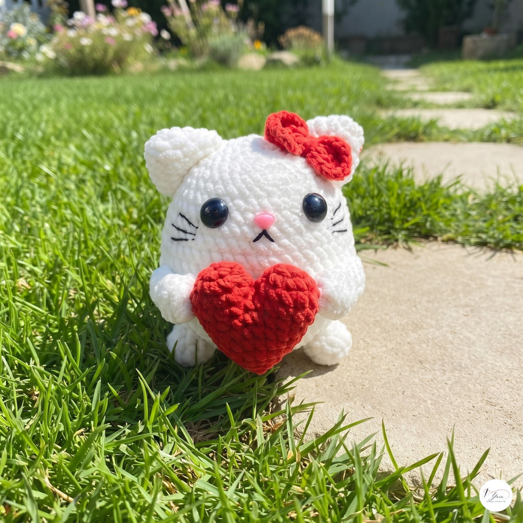 A white crocheted cat amigurumi toy holding a red heart, sitting on a green grass lawn next to a concrete path in a backyard.