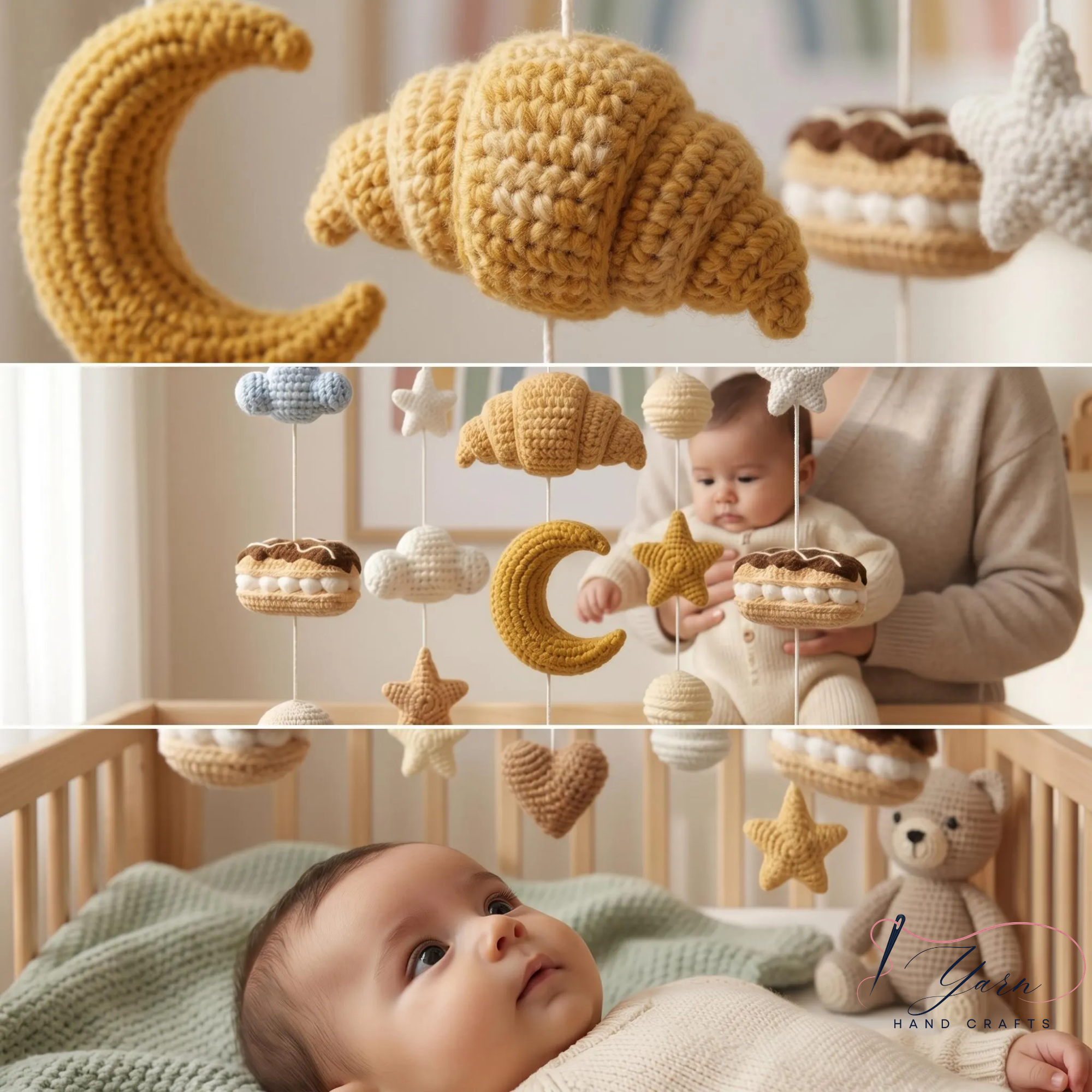 Dessert Baby Mobile, Crochet Croissant Donut Cupcake Crib Mobile, Handmade Bakery Nursery Decor, Sweet Treats Baby Shower Gift