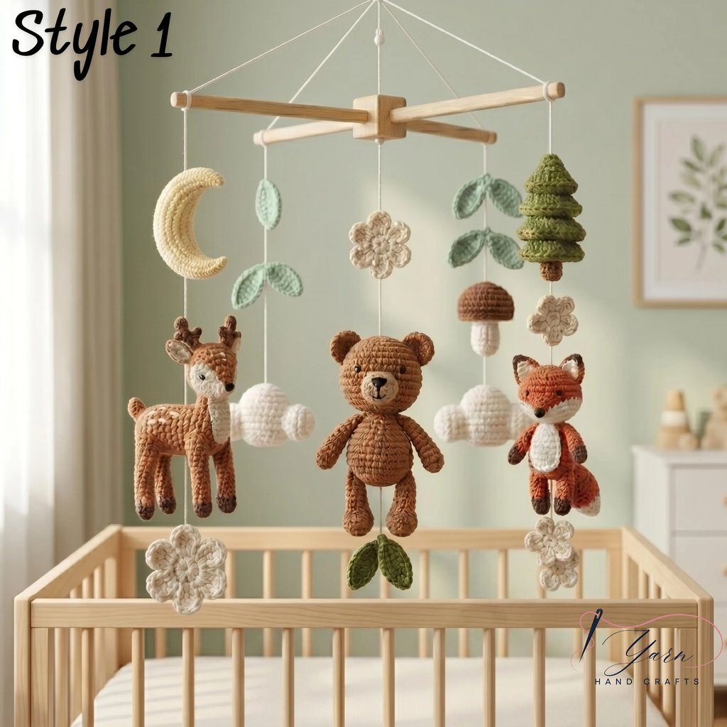 Handmade Woodland Baby Mobile, Crochet Crib Mobile with Bear, Deer & Fox, Forest Animal Nursery Decor, Neutral Baby Mobile, Baby Shower Gift