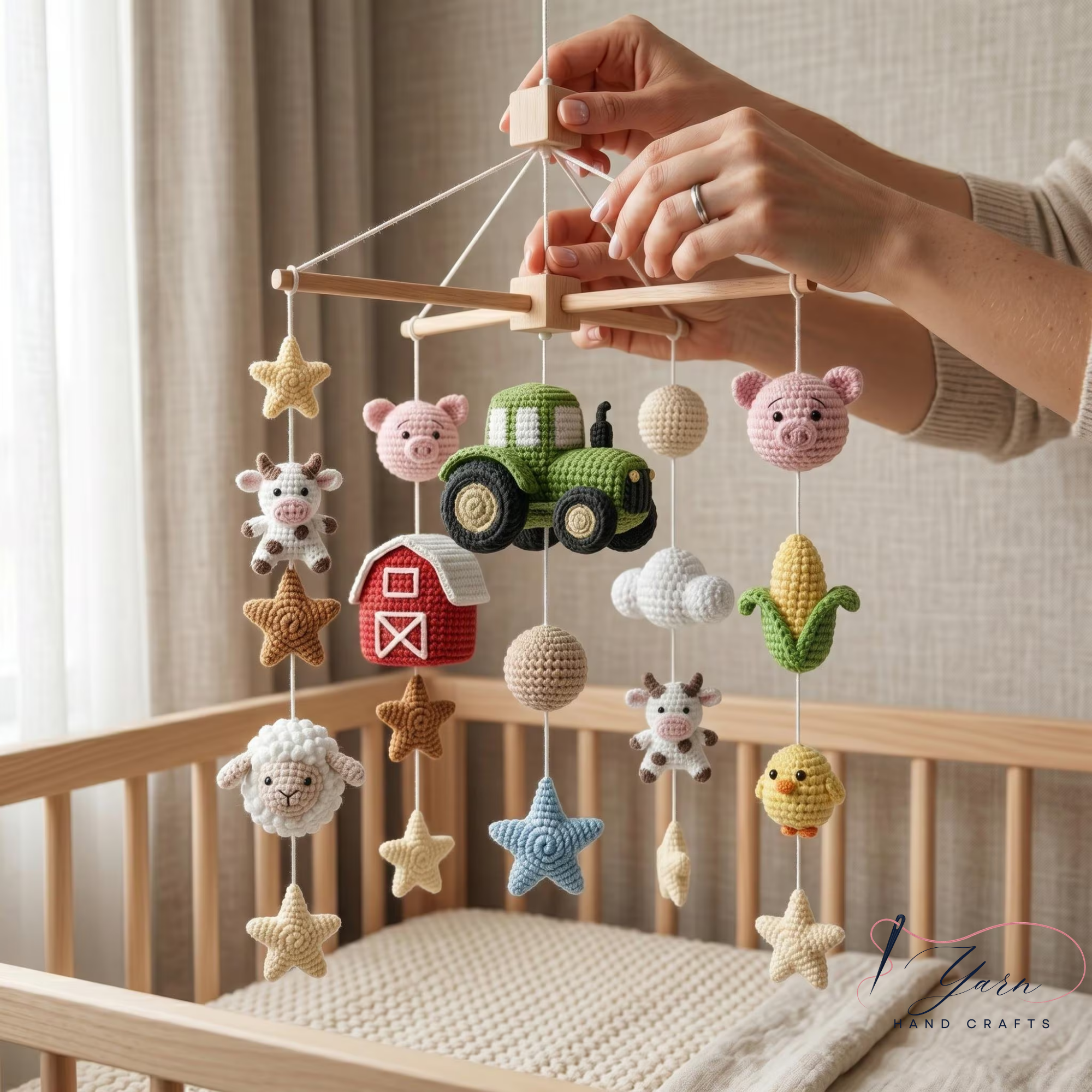 Handmade Farm Baby Mobile, Crochet Farm Animal Crib Mobile, Cow Pig Tractor Barn Nursery Decor, Farmhouse Baby Room Gift, Custom Baby Mobile
