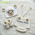 Personalized Crochet Baby Animal Outfit, Sheep Bunny or Cow Romper Set with Hat and Booties, Newborn Photo Prop, Baby Shower Gift