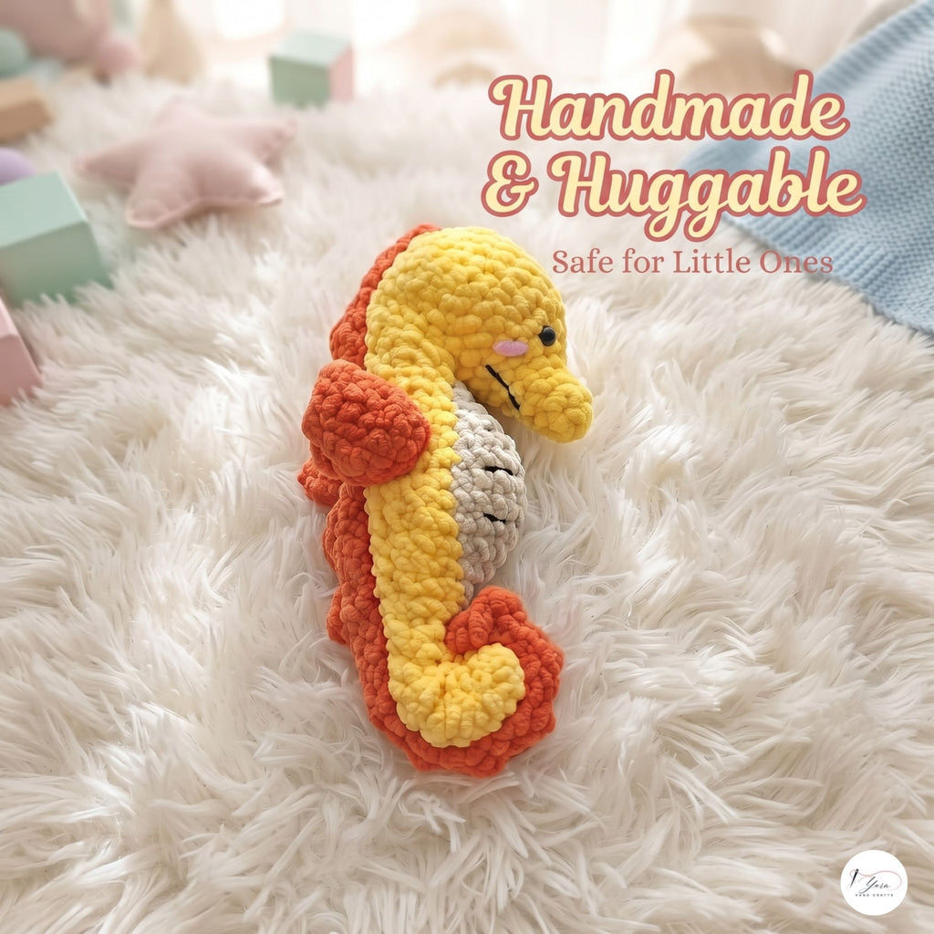 Handmade Crochet Seahorse Plush, Yellow Orange Amigurumi Sea Animal, Soft Stuffed Toy, Ocean Nursery Decor, Coastal Gift