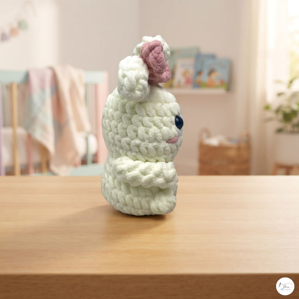 Crochet Bunny Plush with Pink Bow, Handmade White Amigurumi Rabbit, Soft Chenille Stuffed Animal, Easter Gift, Nursery Decor