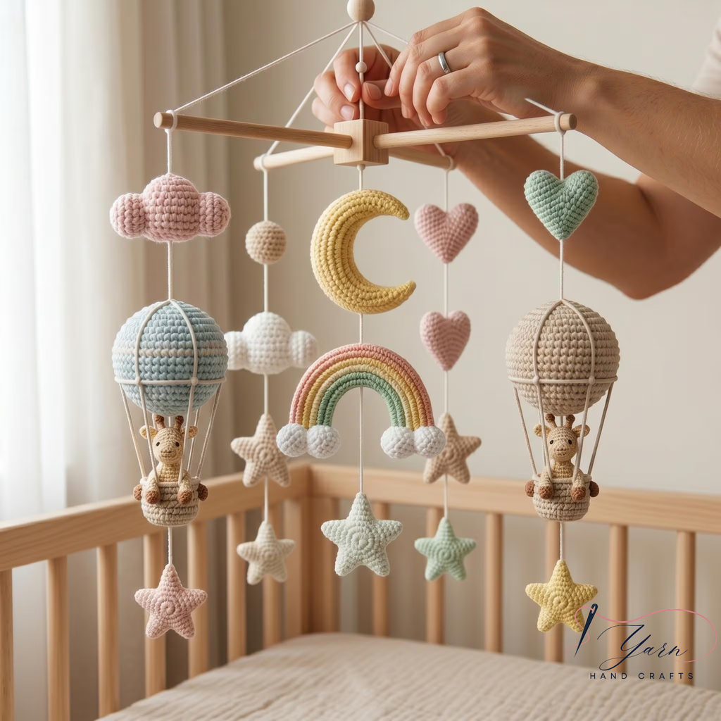 Handmade Giraffe Baby Mobile, Crochet Crib Mobile, Hot Air Balloon Nursery Decor, Rainbow Moon Cloud Mobile, Neutral Baby Shower Gift