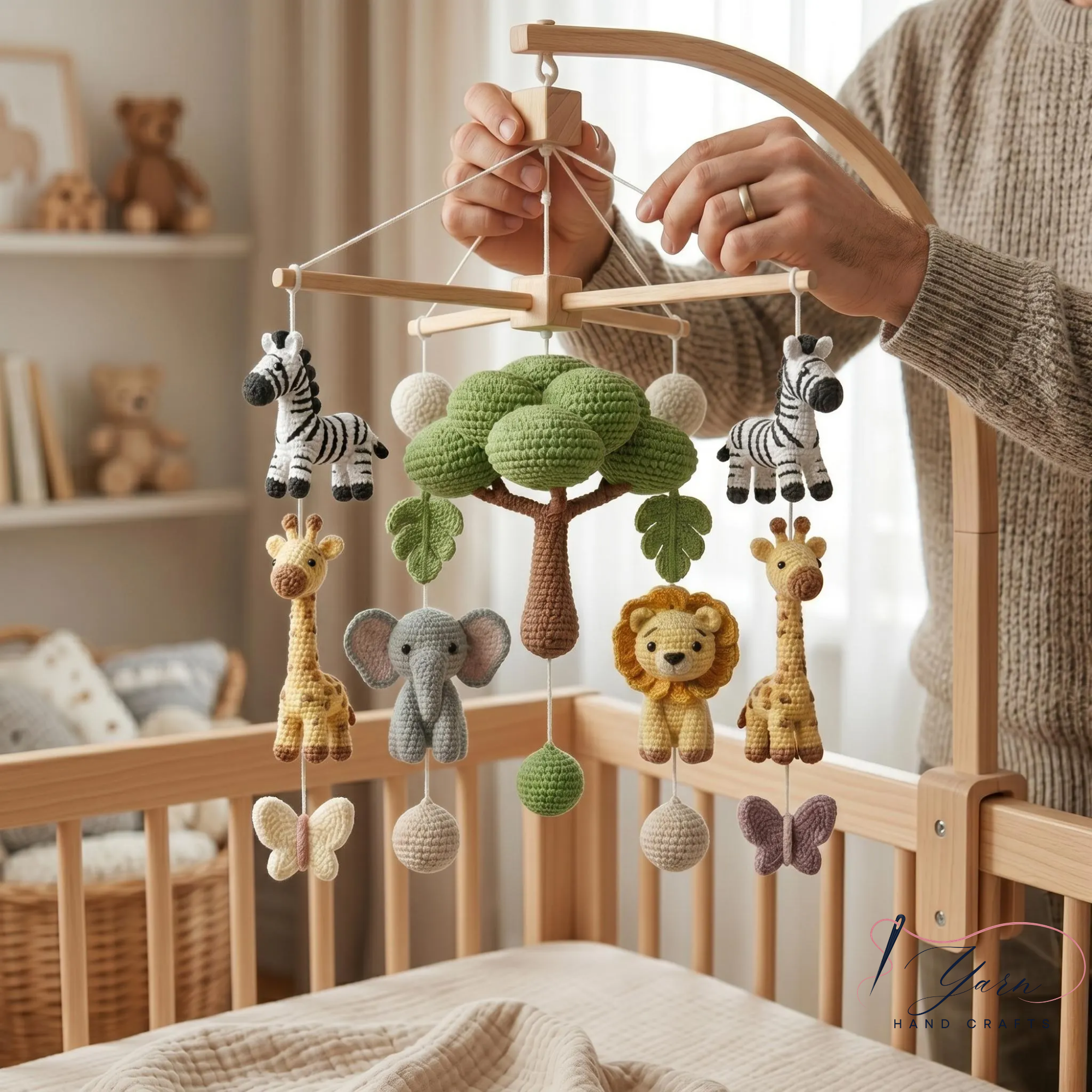 Handmade Safari Baby Mobile, Crochet Jungle Crib Mobile with Lion, Zebra, Giraffe & Elephant, Neutral Nursery Decor, Baby Shower Gift