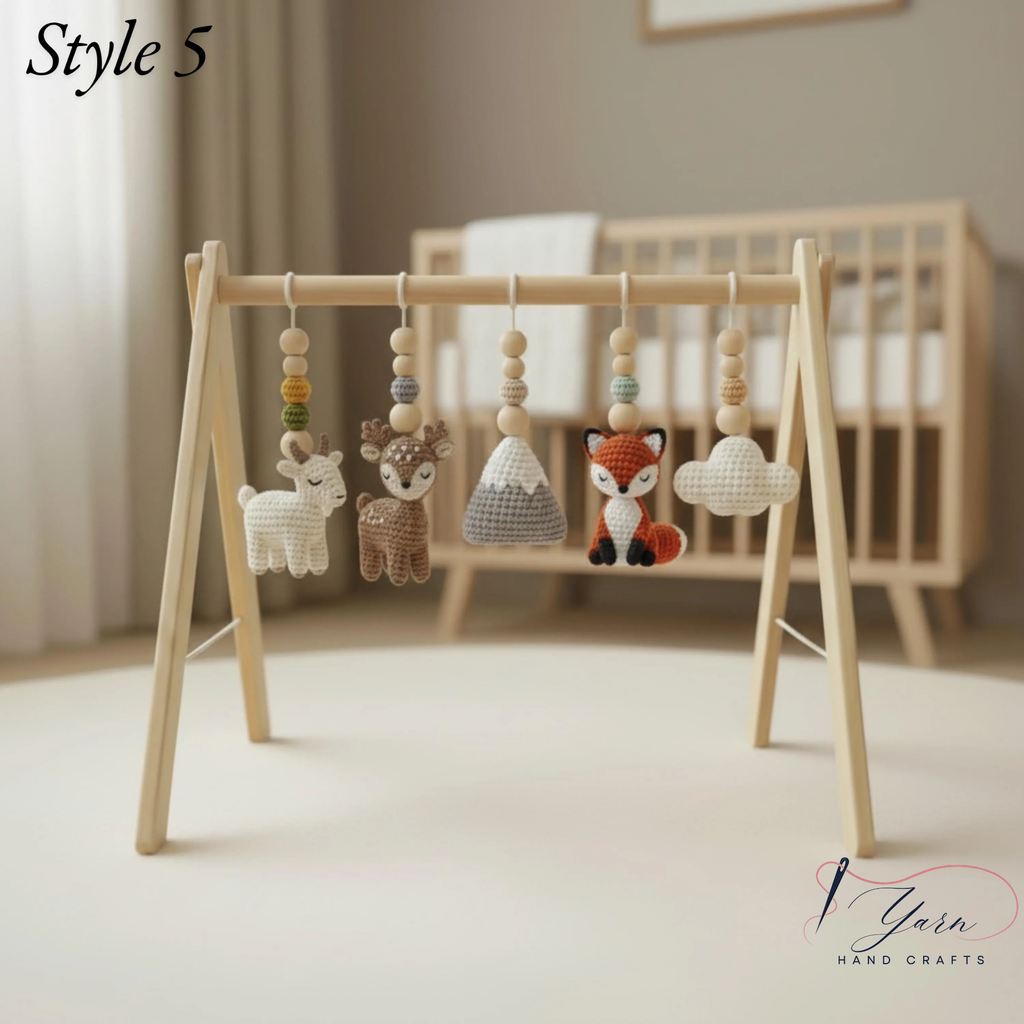 Handmade Custom Baby Gym, Wooden Montessori Play Gym with Crochet Forest Animals, Neutral Nursery Decor, Baby Shower Gift