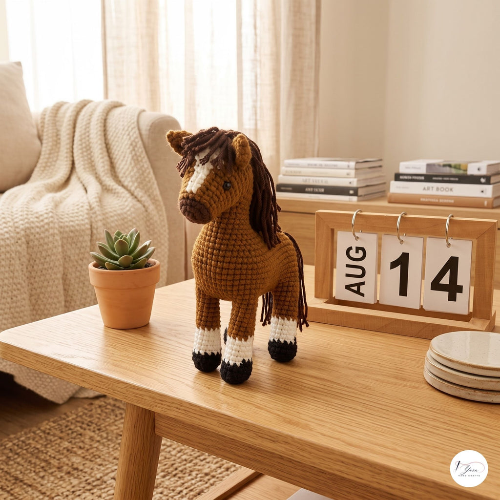 A crocheted brown horse toy with a dark brown mane and white-and-black hooves sits on a light wood table in a cozy living room setting with a small potted succulent and a wooden calendar block displaying August 14.