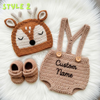 Personalized Crochet Safari Baby Outfit, Zebra Deer Giraffe Romper Set with Hat and Booties, Newborn Photo Prop, Baby Shower Gift