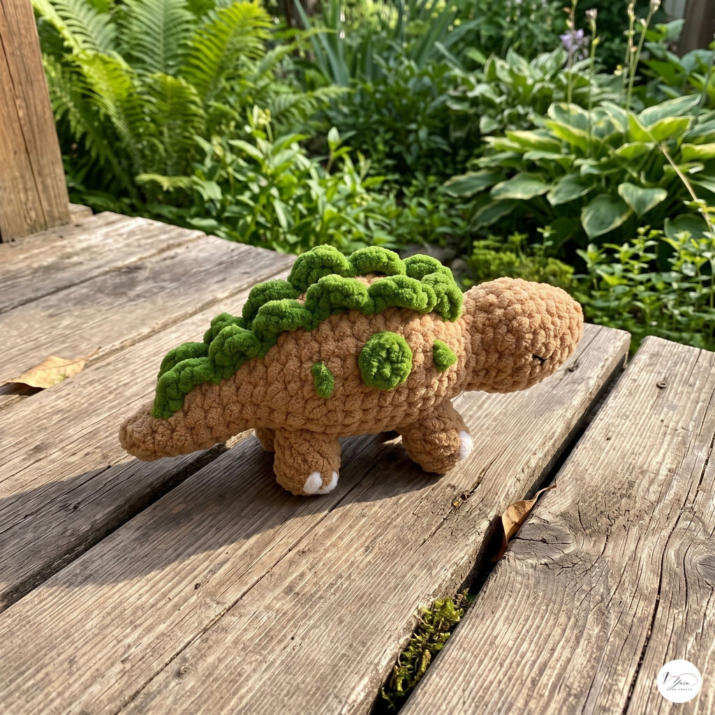 Handmade Crochet Stegosaurus Plush, Brown Green Amigurumi Dinosaur, Soft Dino Stuffed Animal, Dinosaur Lover Gift, Nursery Decor